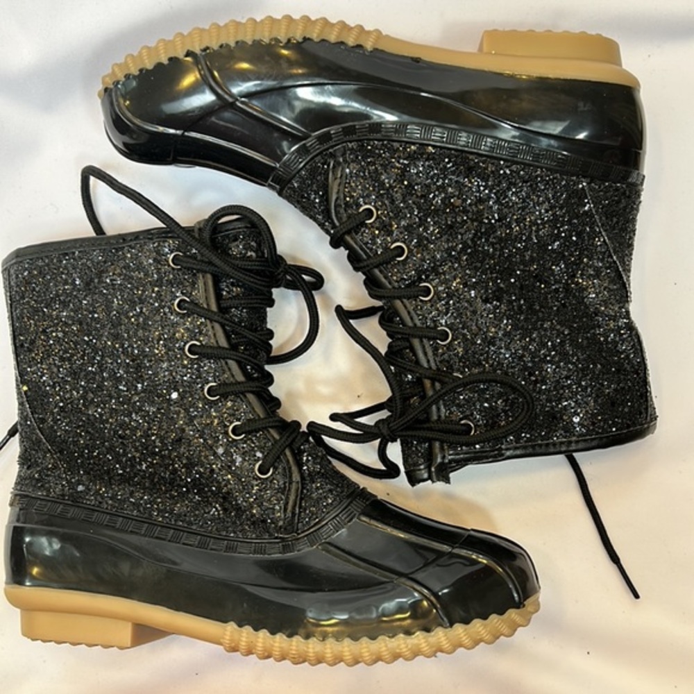 Sugar Skylar 2 Black Glitter Duck Boots-Size 6  NWOB